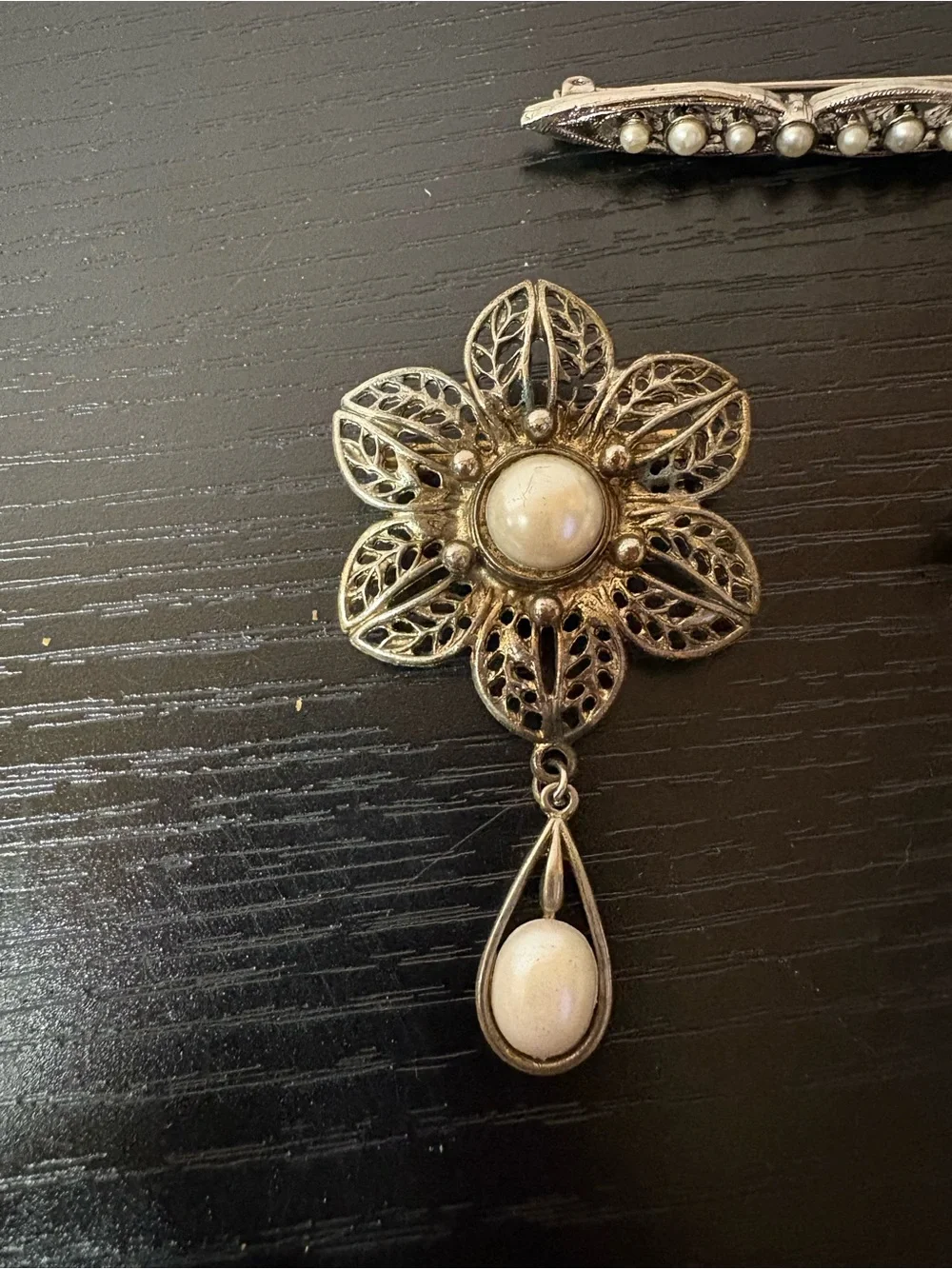 Ornate Brooch Pin Lot Faux Pearl Black Cabochon Floral Filigree